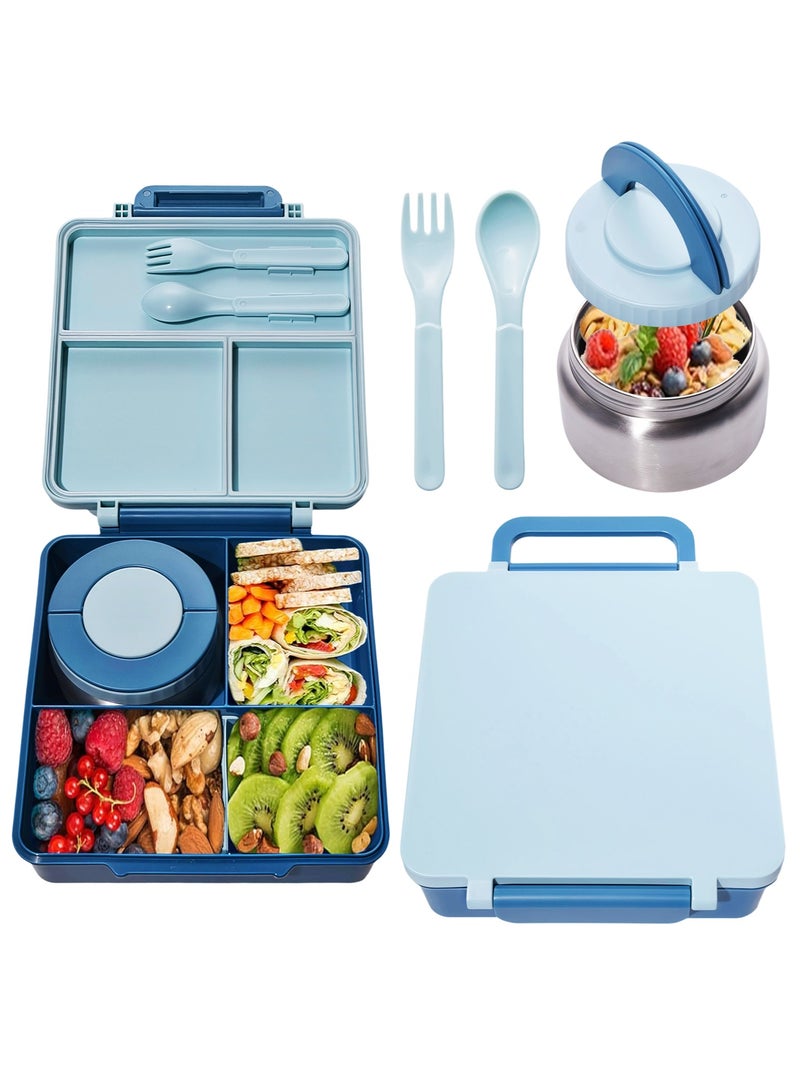 Bento Lunch Box with 8oz Soup Thermo, Kids Leakproof Lunch Food Containers with 4 Compartment, Kids Thermo Insulated Hot Food Jar for School, Travel - (Blue) - Image 1