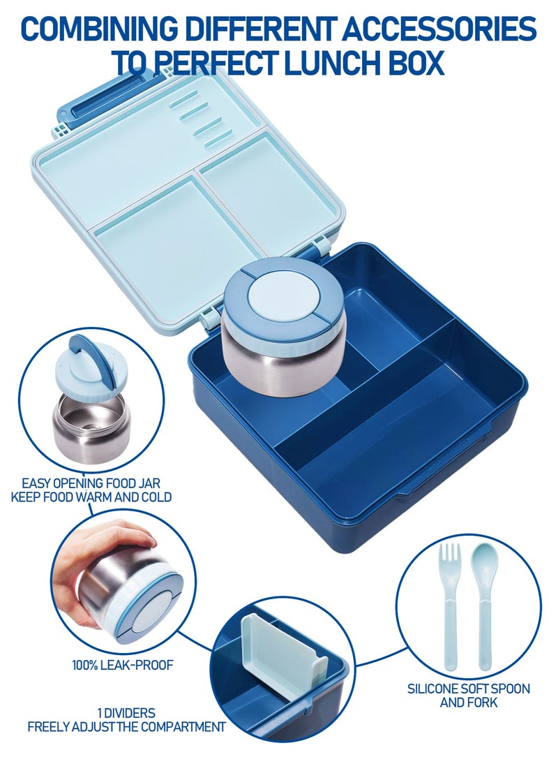 Bento Lunch Box with 8oz Soup Thermo, Kids Leakproof Lunch Food Containers with 4 Compartment, Kids Thermo Insulated Hot Food Jar for School, Travel - (Blue) - Image 2