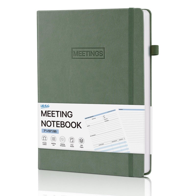 WEMATE Meeting Notebook for Work, Work Planner Notebook With Action Items, Easily Take Meeting Notes & Keep Agendas on Track, Calender, Index Page, Inner Pocket, 7Ã—10 Inch, Olive Green - Image 1
