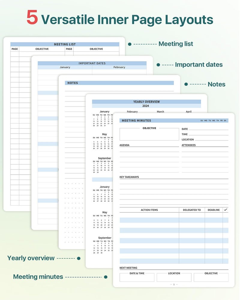 WEMATE Meeting Notebook for Work, Work Planner Notebook With Action Items, Easily Take Meeting Notes & Keep Agendas on Track, Calender, Index Page, Inner Pocket, 7Ã—10 Inch, Olive Green - Image 2