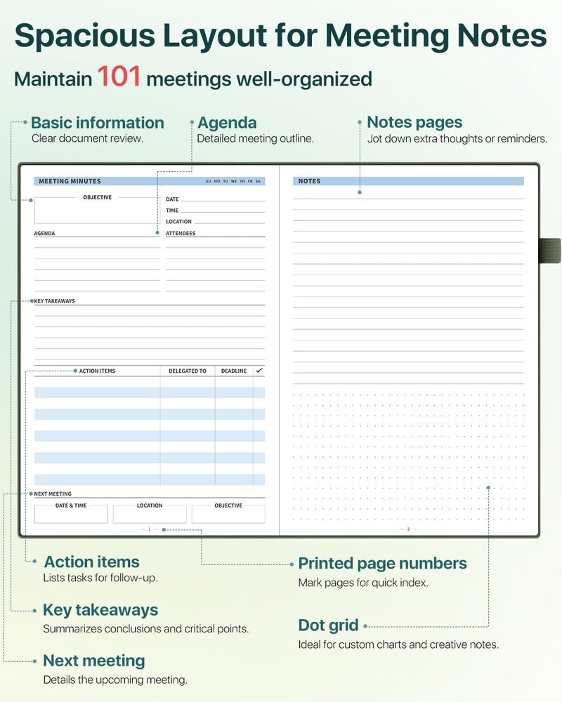 WEMATE Meeting Notebook for Work, Work Planner Notebook With Action Items, Easily Take Meeting Notes & Keep Agendas on Track, Calender, Index Page, Inner Pocket, 7Ã—10 Inch, Olive Green - Image 3