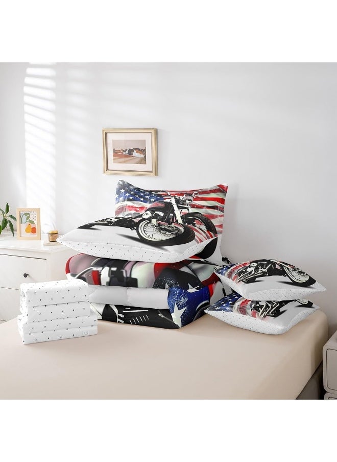 Erosebridal - Erosebridal 7Pcs Boys Dirt Bike Comforter Set for Teens 3D Motorcycle Bedding Sets American Flag Bed in A Bag Twin - Image 1