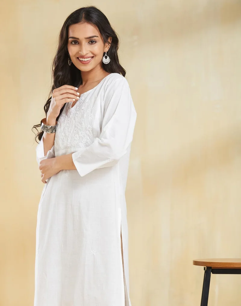 Fabindia Cotton Chikankari Knee Length Kurta