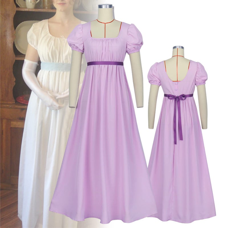 HEQU Regency Dresses for Women, Polyester Regency Ball Gown with Satin Sash Polyester Ruffle Empire Waist Dress Gown (M, Light Purple) - Image 2