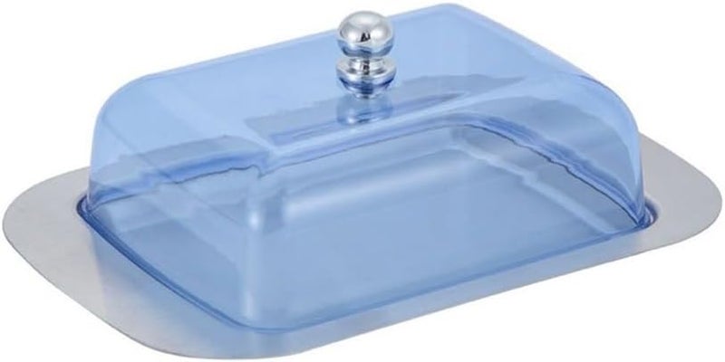Butter Dish, Stainless Steel Butter Box Western Restaurant Snack Plate Cheese Crisper Warmer Dish with Lid(Blue) - Image 1