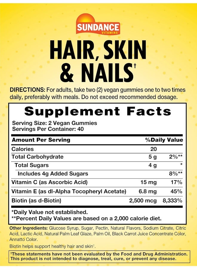 Sundance Hair, Skin, And Nails Gummies With Biotin | 2500 Mcg | 80 Count | Fruit Flavor Vitamin | Vegan, Non-Gmo & Gluten Free Supplement - Image 2