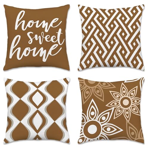 Hexagram Brown Geometric Pillow Covers 18x18 Set of 4, Decorative Outdoor Modern Boho Throw Pillow Covers, Home Sweet Home Farmhouse Cushion Case for Couch Sofa Indoor Bedroom Decor(No Insert) - Image 1