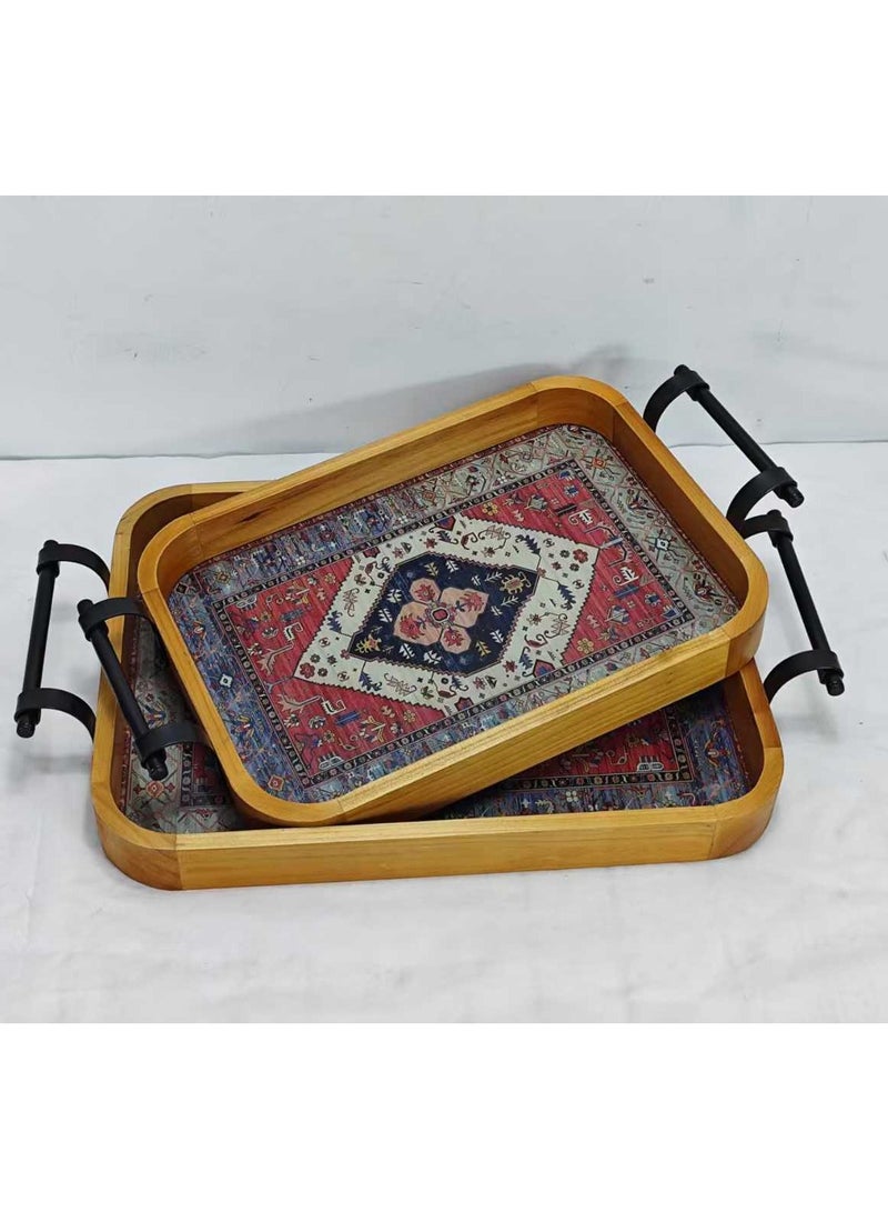 Laseta طقم صواني خشبية مستطيلة، مع زخارف زخرفية - Image 1