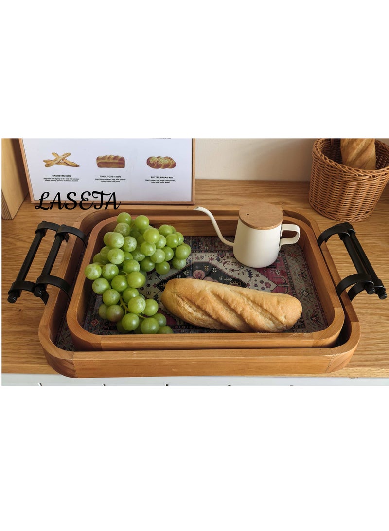 Laseta طقم صواني خشبية مستطيلة، مع زخارف زخرفية - Image 3