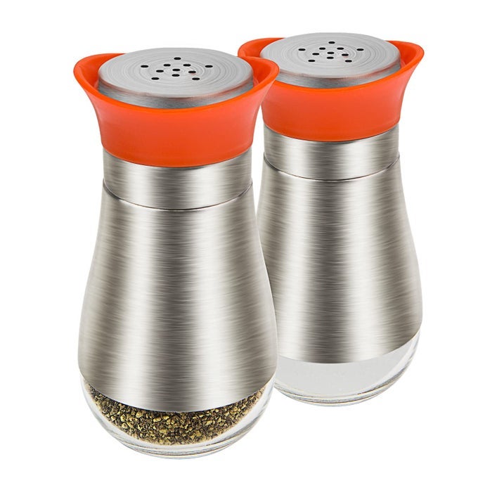 SALT PEPPER SEASONING GLASS SHAKER WITH STAINLESS STEEL COVER 2 PCS PACK SET ORANGE