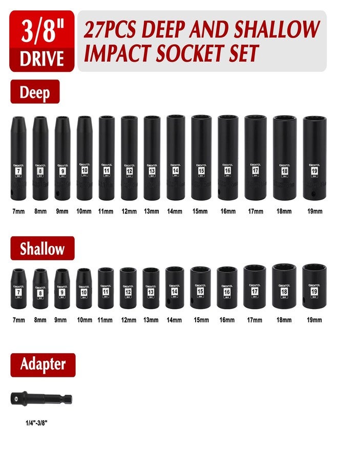 EMENTOL 3/8" Drive Impact Socket Set, 27PCS, Metric(7mm to 19mm), Deep and Shallow, 12 Point, Includes Drill Bit Adapter - Image 2