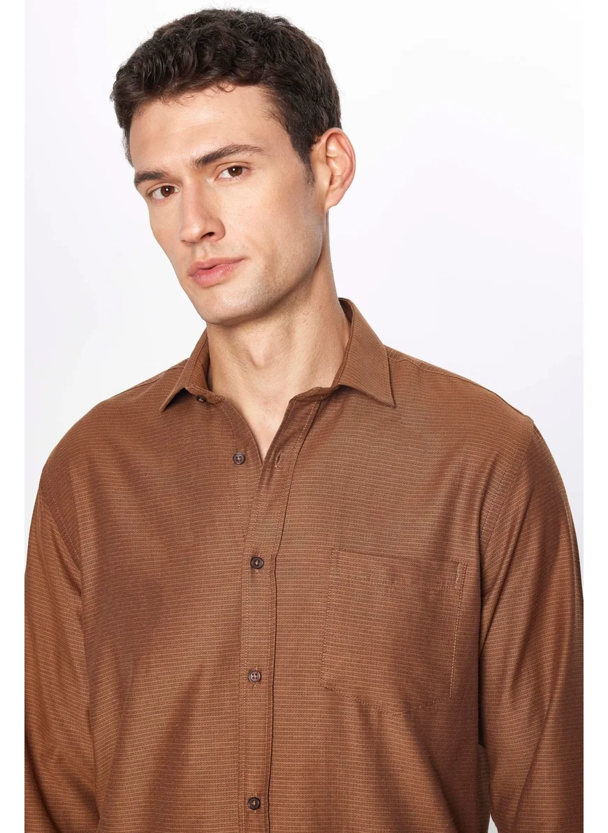 Tudors Men's Classic Fit Regular Cut Long Sleeve Cotton Dobby Brown Shirt