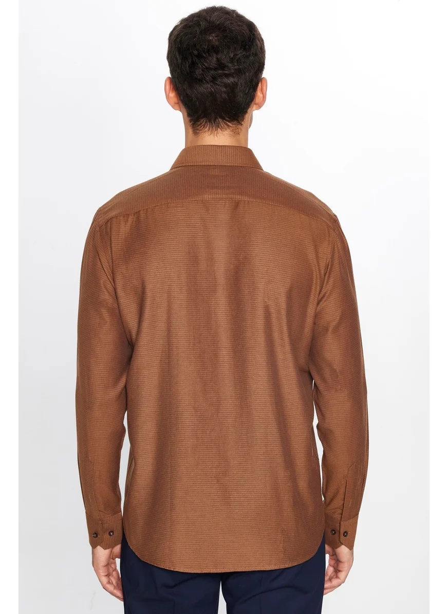 Tudors Men's Classic Fit Regular Cut Long Sleeve Cotton Dobby Brown Shirt