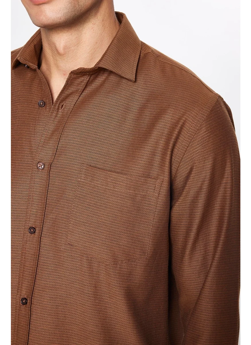 Tudors Men's Classic Fit Regular Cut Long Sleeve Cotton Dobby Brown Shirt