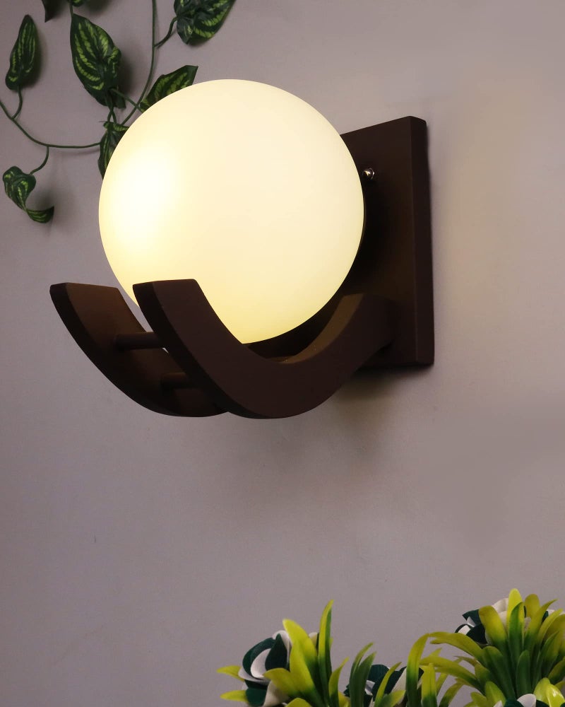 Twilight Nordic Wooden Wall Lamps, Zedo E27 Sconces with Glass Shades, Modern Brown Metal Wall Light for Bedroom, Living Room & Hallway | E27 Holder (White Pack of 1) - Image 4