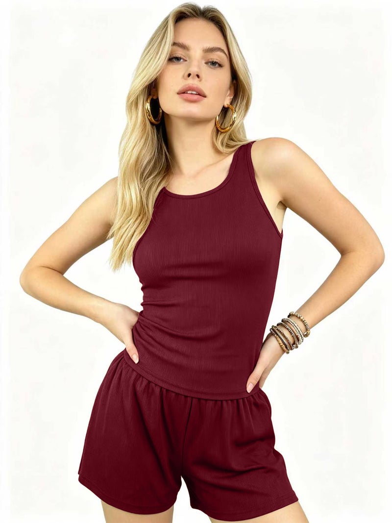 ChenDa European and american fashion women's ribbed tank top and shorts two-piece activewear set - solid color pocket summer outfit - Image 4
