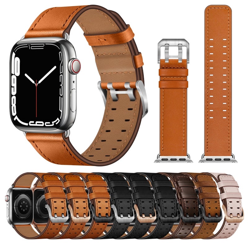 Double Buckles Leather Watch Band For Apple Watch Ultra 49mm&Watch Ultra 2 49mm / Series 9&8&7 45mm / SE 3&SE 2&6&SE&5&4 44mm / 3&2&1 42mm(Pink Sand)
