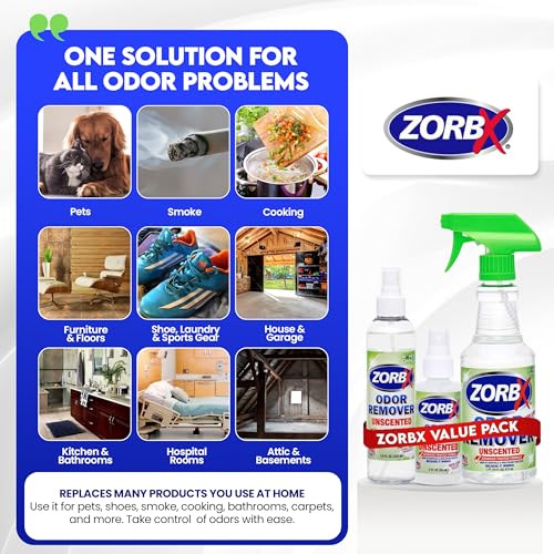 ZORBX Unscented Odor Eliminator for Strong Odor 3 items Bundle: 16 Oz + 7.5 Oz + 2 Oz - Used in Hospitals & Healthcare Facilities - Fast-Acting Odor Remover Spray for Dog, Cat, House & Carpet - Image 3