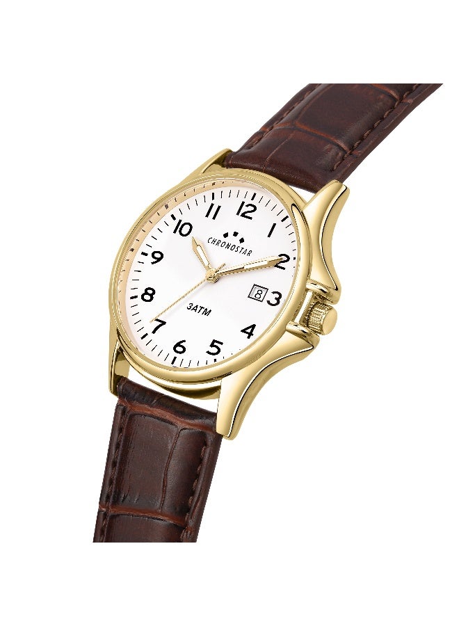 Chronostar Men's White Round Analog Dial with Brown Leather Band Watch - 43mm - R3751121003 - Image 3