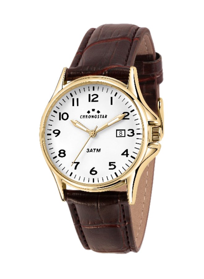 Chronostar Men's White Round Analog Dial with Brown Leather Band Watch - 43mm - R3751121003 - Image 1
