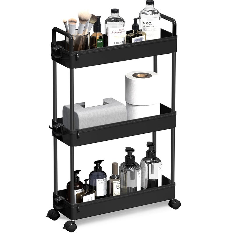 SOLEJAZZ Slim Rolling Storage Cart with Wheels 3 Tier Skinny Bathroom Storage Organizer Thin Laundry Room Utility Cart SpaceSaving for Bedside Kitchen Office Small Narrow Places Black