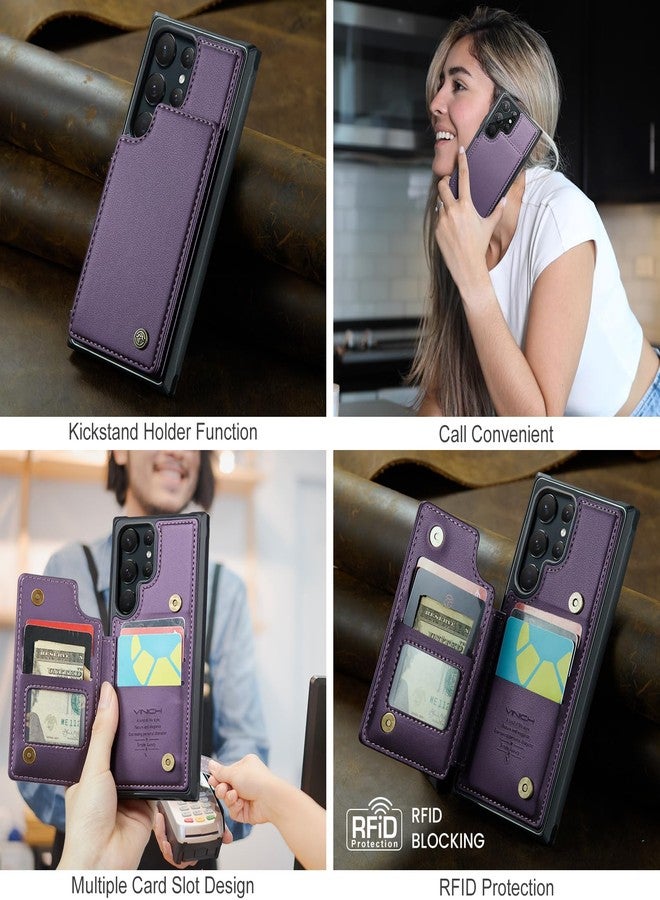 Vinich Samsung Galaxy S22 Ultra Case with Card Holder, Samsung S22 Ultra Wallet Case for Women Men with RFID Blocking, Durable Leather Kickstand Shockproof Phone Case for Galaxy S22 Ultra 5G - Purple - Image 3
