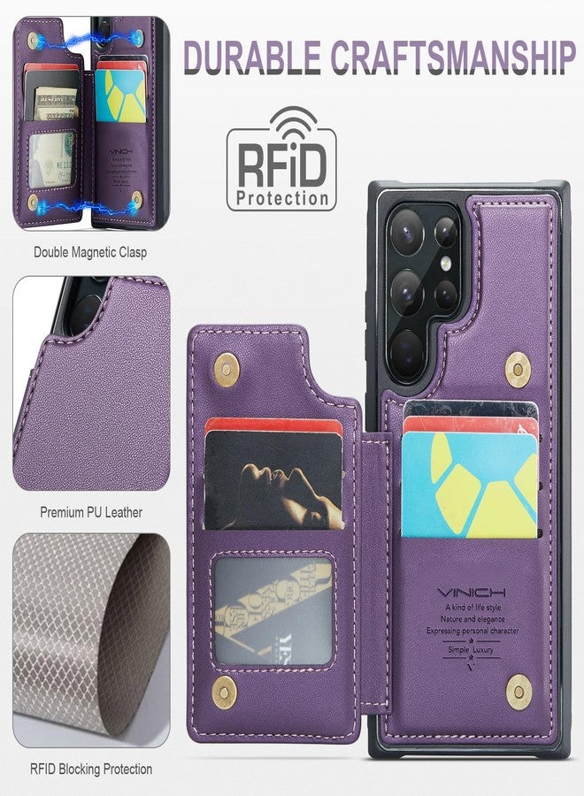 Vinich Samsung Galaxy S22 Ultra Case with Card Holder, Samsung S22 Ultra Wallet Case for Women Men with RFID Blocking, Durable Leather Kickstand Shockproof Phone Case for Galaxy S22 Ultra 5G - Purple - Image 2
