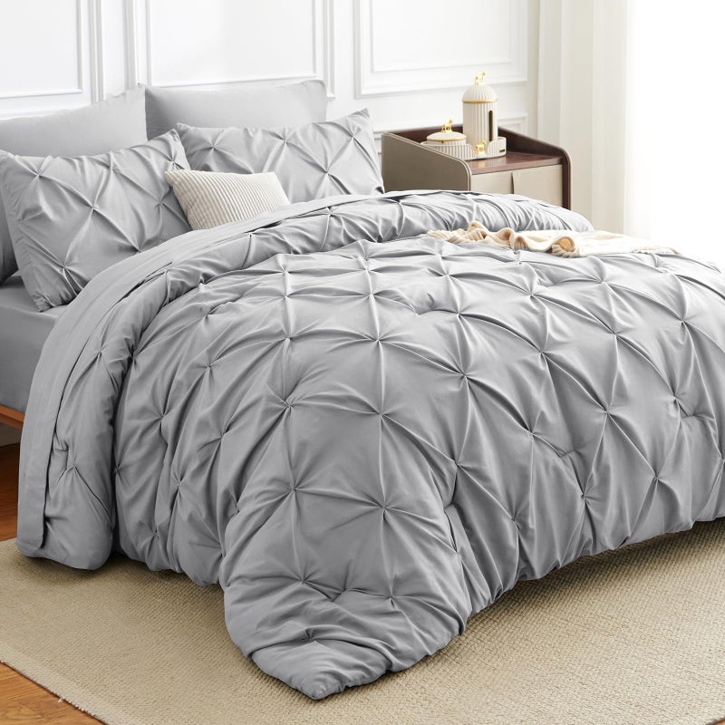 HIMEET Pintuck Bed in a Bag, 7 Pieces Queen Size Comforter Set Light Grey, Pinch Pleat Bed in a Bag, Soft All Season Bedding Sets with Comforter, Flat Sheet, Fitted Sheet and Pillowcases & Shams - Image 1