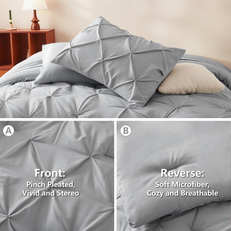 HIMEET Pintuck Bed in a Bag, 7 Pieces Queen Size Comforter Set Light Grey, Pinch Pleat Bed in a Bag, Soft All Season Bedding Sets with Comforter, Flat Sheet, Fitted Sheet and Pillowcases & Shams - Image 3