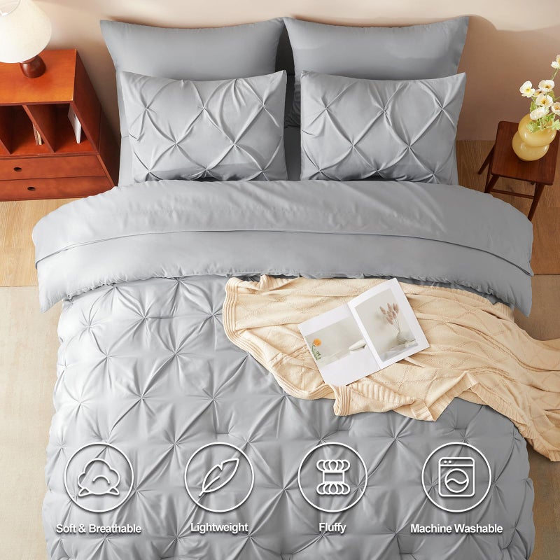 HIMEET Pintuck Bed in a Bag, 7 Pieces Queen Size Comforter Set Light Grey, Pinch Pleat Bed in a Bag, Soft All Season Bedding Sets with Comforter, Flat Sheet, Fitted Sheet and Pillowcases & Shams - Image 2