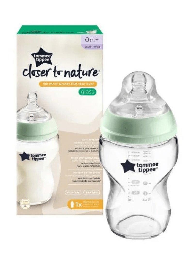 tommee tippee Pack Of 1 Closer To Nature Glass Baby Bottle Slow Flow Breast-Like Teat With Anti-Colic Valve 250ml/9oz 0M+ Assorted - Image 1