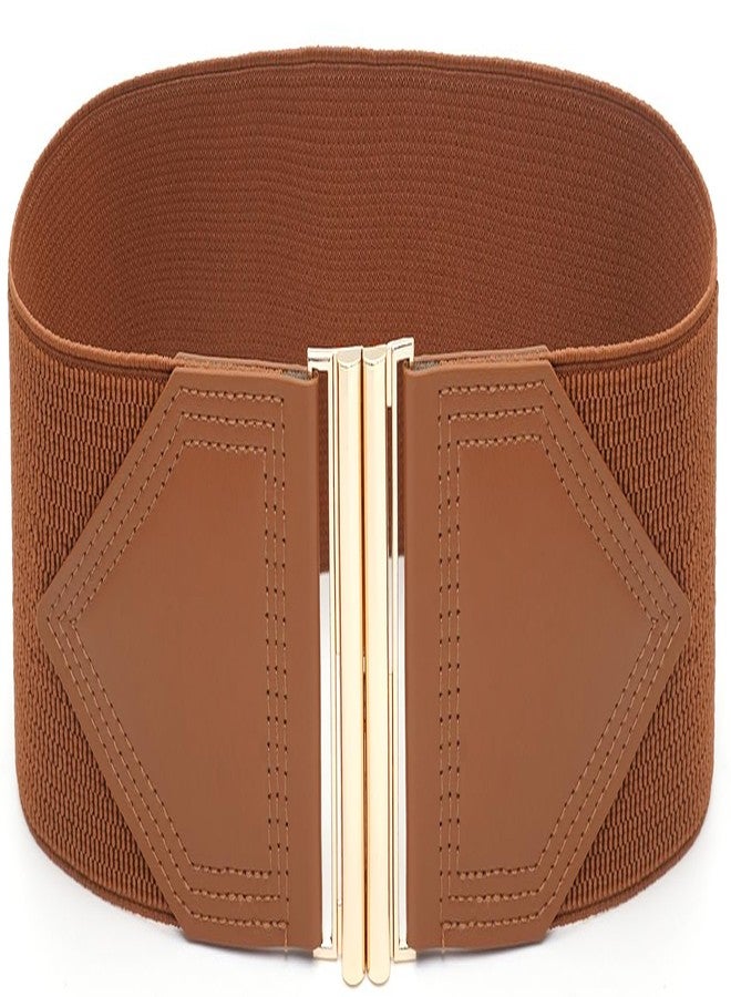 BAOKELAN Women Wide Elastic Belt Vintage Stretchy Waist Belts for Dresses Brown Gold 70CM/28IN - Image 1