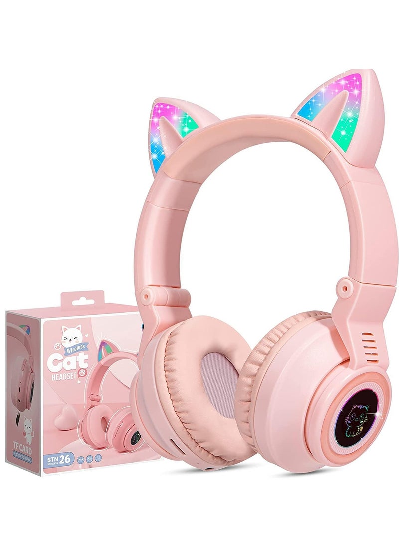 Excefore Wireless Bluetooth Headphones Kids Headphones Over Ear Cat Ear Led Light Up Bluetooth Foldable Headphones For Girls Toddlers Kids Headphones For Amazon Fire Tablet Laptop Ipad School - Image 1