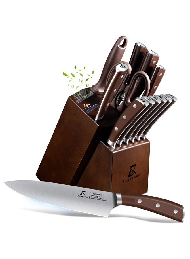 CoquusAid Knife Set, New 15° Beveled Easy Insert, 15 Pcs Kitchen Knife Block Set with Block and Sharpener, German Vacuum Oil Cooled Crafted, Countertop-Free Steak Knife Set, Stainless Steel Brown - Image 1