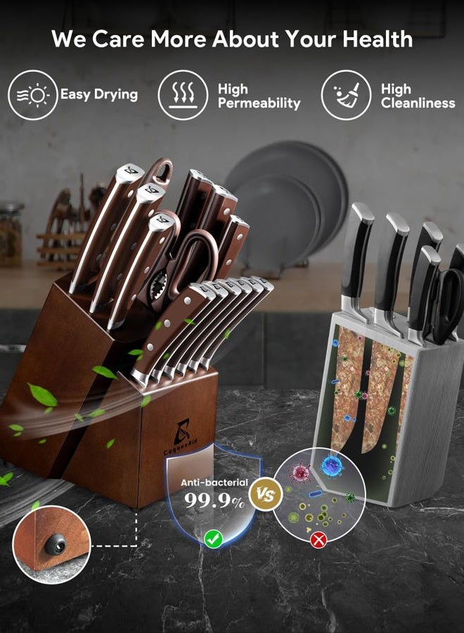 CoquusAid Knife Set, New 15° Beveled Easy Insert, 15 Pcs Kitchen Knife Block Set with Block and Sharpener, German Vacuum Oil Cooled Crafted, Countertop-Free Steak Knife Set, Stainless Steel Brown - Image 4