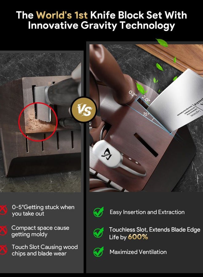CoquusAid Knife Set, New 15° Beveled Easy Insert, 15 Pcs Kitchen Knife Block Set with Block and Sharpener, German Vacuum Oil Cooled Crafted, Countertop-Free Steak Knife Set, Stainless Steel Brown - Image 2