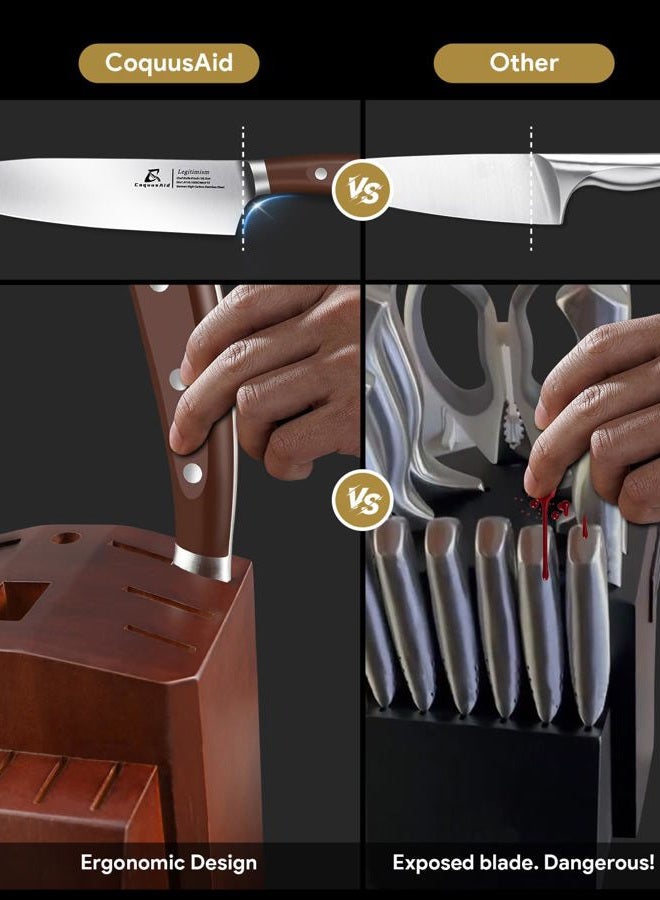 CoquusAid Knife Set, New 15° Beveled Easy Insert, 15 Pcs Kitchen Knife Block Set with Block and Sharpener, German Vacuum Oil Cooled Crafted, Countertop-Free Steak Knife Set, Stainless Steel Brown - Image 5