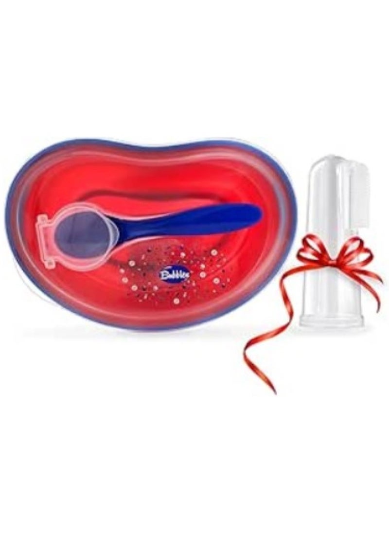 Bubbles Bubbles Plate with a Spoon for Kids-Red & Blue + Bubbles Gum Cleaning Brush-Silicon Toothbrush Gift 