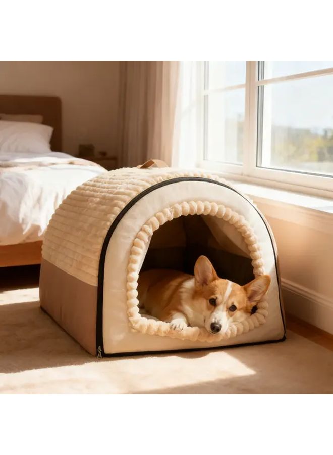Brown XXL Soft Plush Pet Bed House For Dogs Fur Kids Pretend Cute Immersive Privacy Hideout Secret Nook - Image 1
