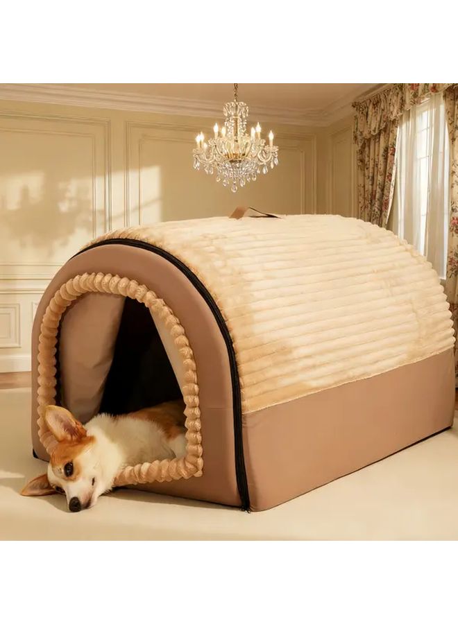 Brown XXL Soft Plush Pet Bed House For Dogs Fur Kids Pretend Cute Immersive Privacy Hideout Secret Nook - Image 5