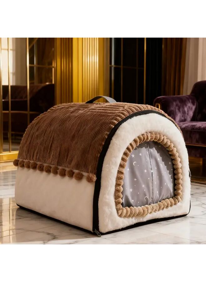 Brown XXL Soft Plush Pet Bed House For Dogs Fur Kids Pretend Cute Immersive Privacy Hideout Secret Nook - Image 2