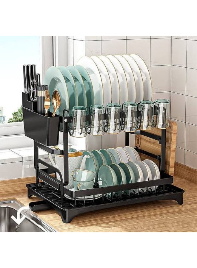 Black 2-Tier Metal Drainer with Side Drainer Also known as a dish drainer or dish rack. It is used to dry dishes and utensils after handwashing, allowing them to drain and air dry. It comes in various designs, such as multi-tiered or over-the-sink designs, to provide more drying space. It helps organize your kitchen and keep dishes clean. - Image 1
