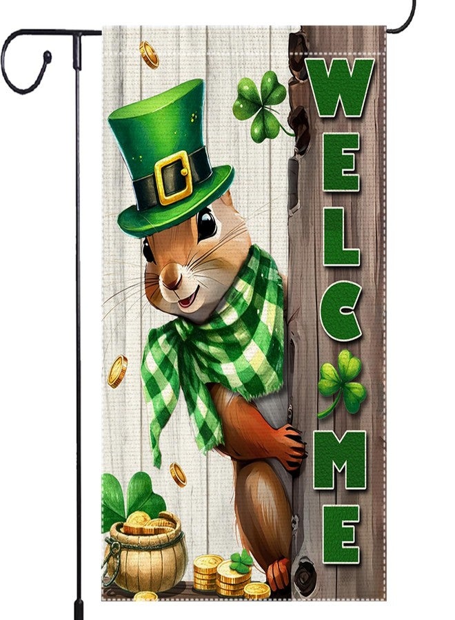 RMXJKIIU Spring St Patricks Day Garden Flag 12x18inch Double Sided Burlap The Squirrel Lucky Shamrock Garden Flags Happy St. Patrick's Day For Outdoor Yard Patio Lawn Decor,Green Hat with Clovers Gold Coin Pot - Image 1