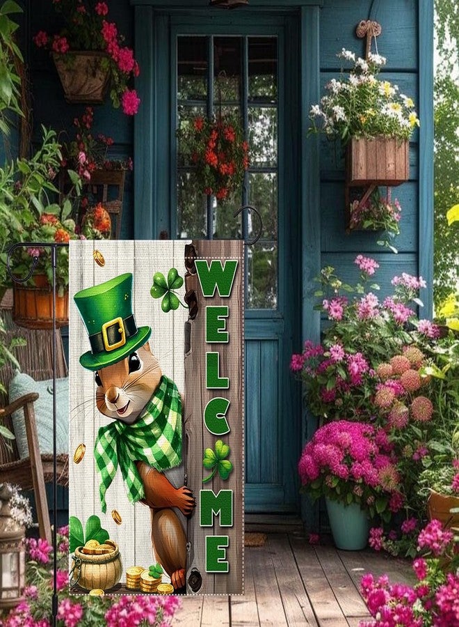 RMXJKIIU Spring St Patricks Day Garden Flag 12x18inch Double Sided Burlap The Squirrel Lucky Shamrock Garden Flags Happy St. Patrick's Day For Outdoor Yard Patio Lawn Decor,Green Hat with Clovers Gold Coin Pot - Image 5