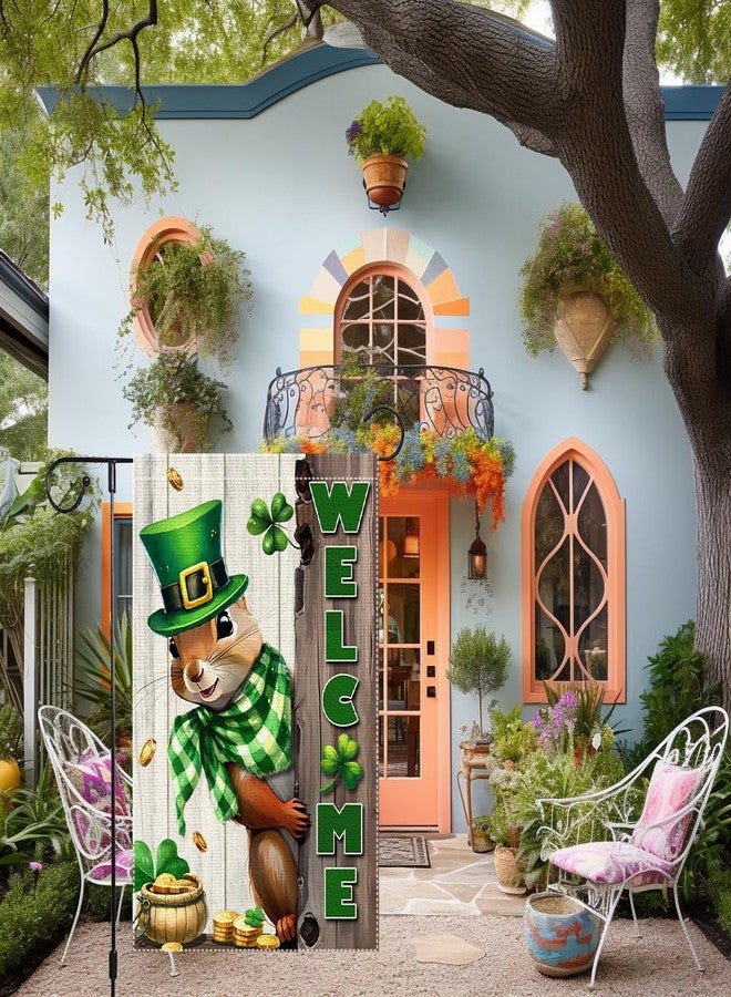 RMXJKIIU Spring St Patricks Day Garden Flag 12x18inch Double Sided Burlap The Squirrel Lucky Shamrock Garden Flags Happy St. Patrick's Day For Outdoor Yard Patio Lawn Decor,Green Hat with Clovers Gold Coin Pot - Image 2