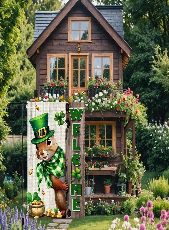 RMXJKIIU Spring St Patricks Day Garden Flag 12x18inch Double Sided Burlap The Squirrel Lucky Shamrock Garden Flags Happy St. Patrick's Day For Outdoor Yard Patio Lawn Decor,Green Hat with Clovers Gold Coin Pot - Image 4