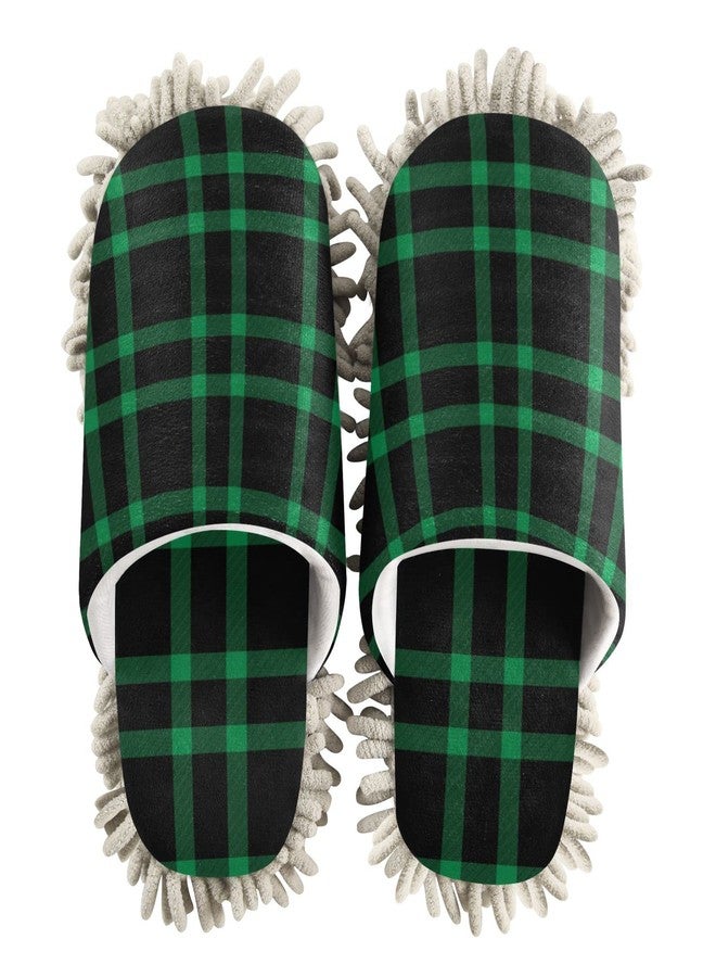 Kigai Microfiber Cleaning Slippers Black Green Plaid Washable Mop Shoes Slipper for Men/Women House Floor Dust Cleaner, Size L - Image 1