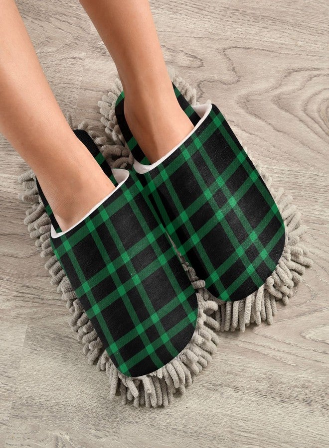 Kigai Microfiber Cleaning Slippers Black Green Plaid Washable Mop Shoes Slipper for Men/Women House Floor Dust Cleaner, Size L - Image 4