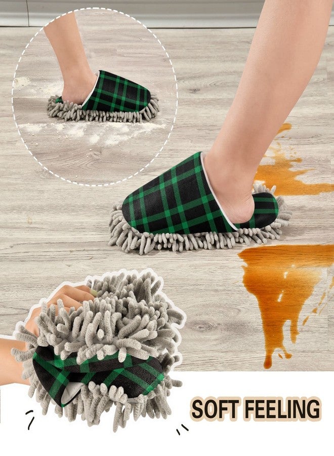 Kigai Microfiber Cleaning Slippers Black Green Plaid Washable Mop Shoes Slipper for Men/Women House Floor Dust Cleaner, Size L - Image 5