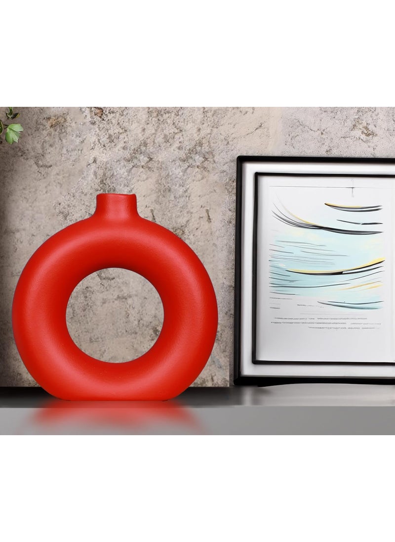 AA NM & Sons AA NM Sons Ceramic Donut Shaped Vase for Home Dcor Pack of 1 Red  - Image 2